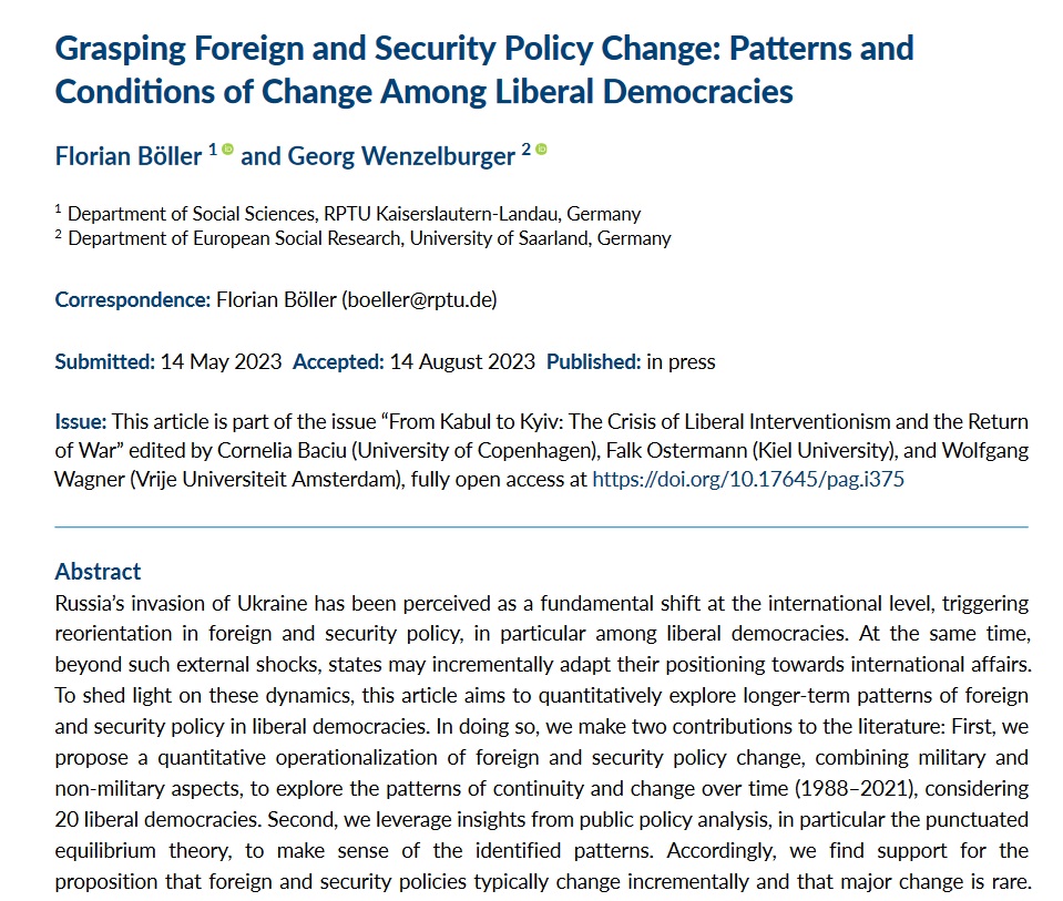 Abstract des Artikels „Grasping Foreign and Security Policy Change: Patterns and Conditions of Change Among Liberal Democracies“