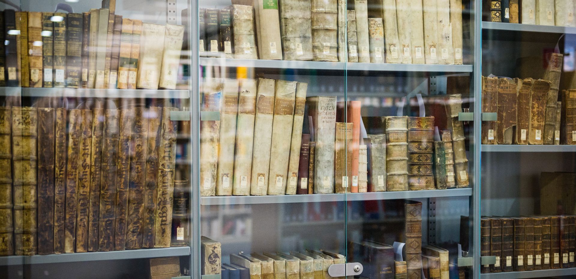 Glasvitrine mit vielen alten Büchern