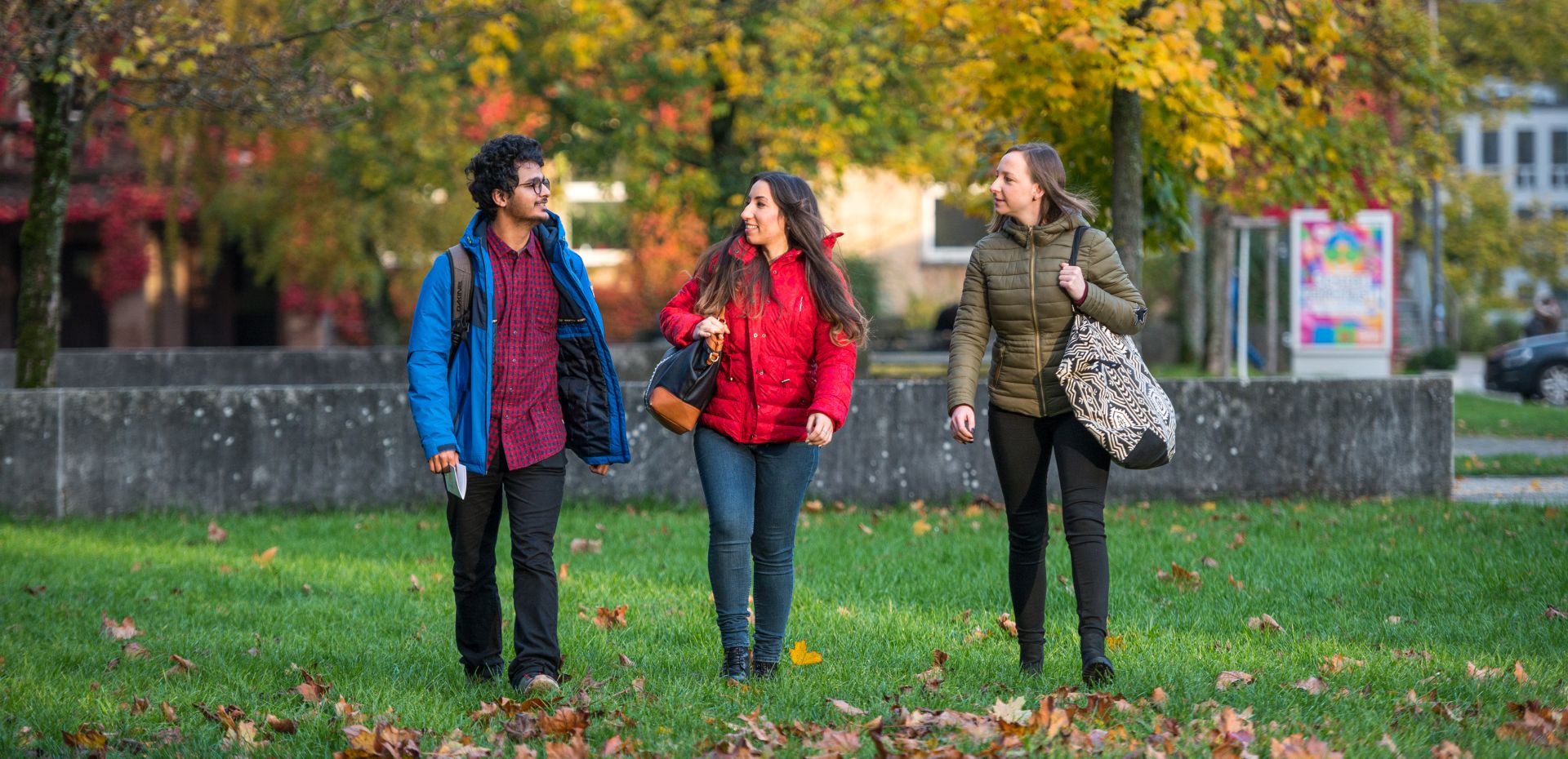 drei Studierende gehen die Campuswiese entlang