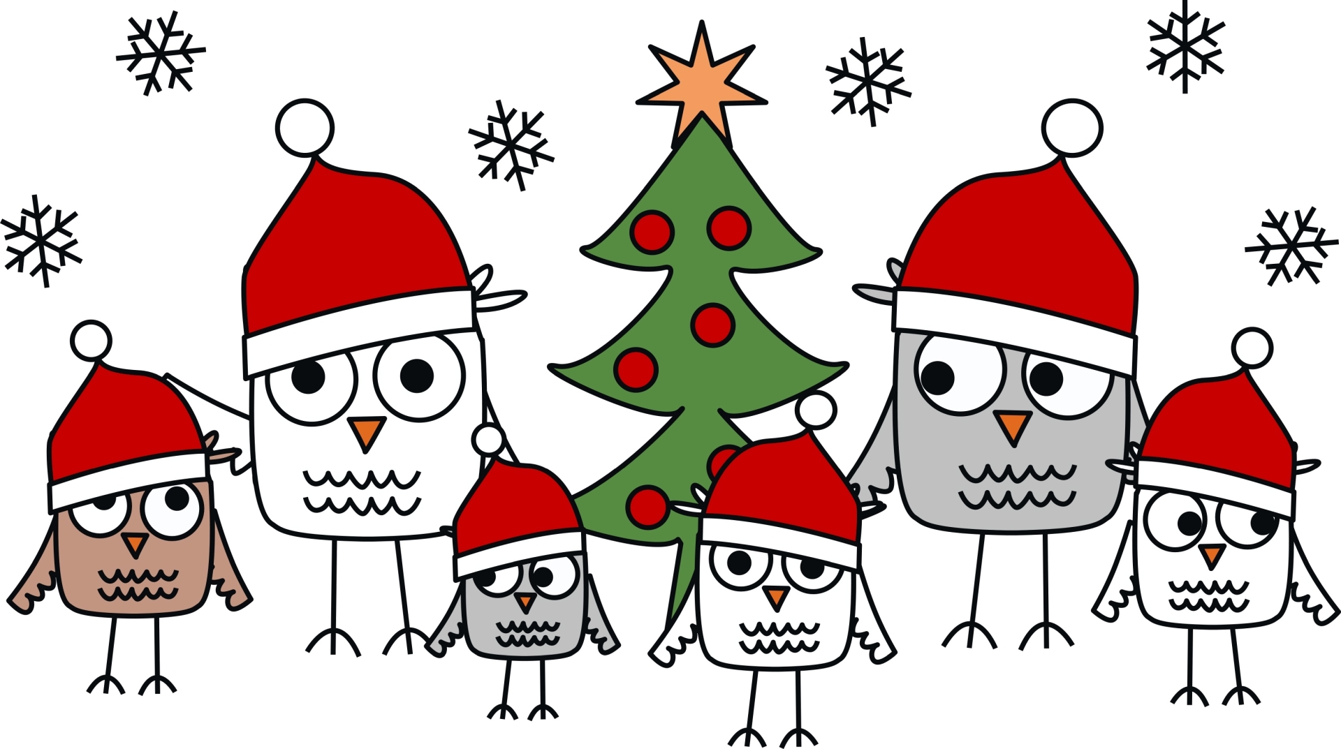 Bunte Zeichnung von zwei großen und vier kleinen Eulen mit roten Mützen und Weihnachtsbaum