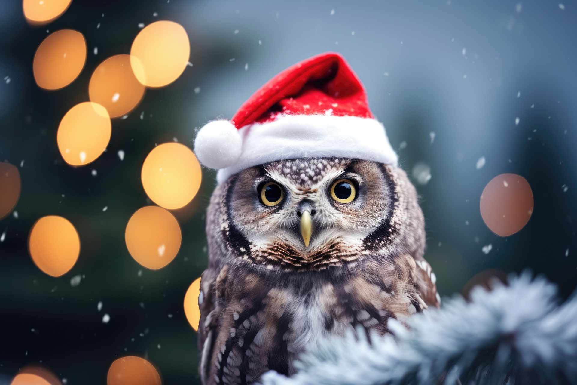 Eule im weihnachtlichen Wald mit roter Mütze