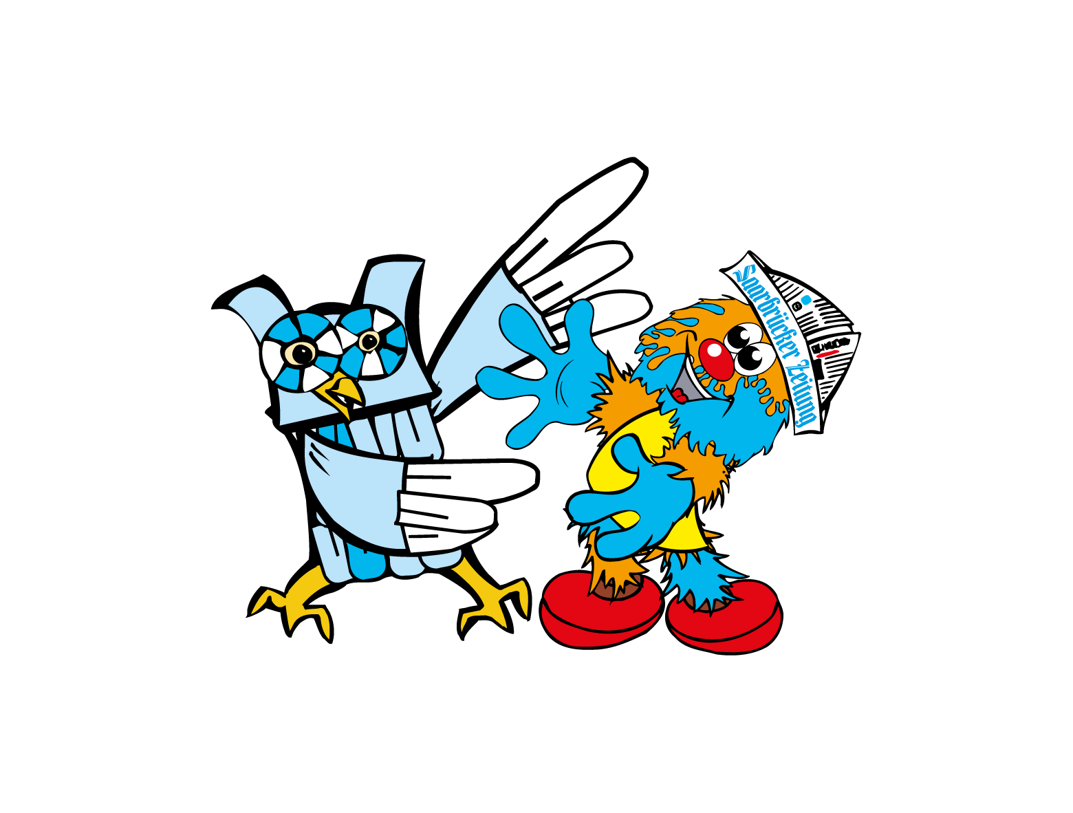 Die UdS-Eule und Klecks das Kinderunimaskottchen begrüßen sich