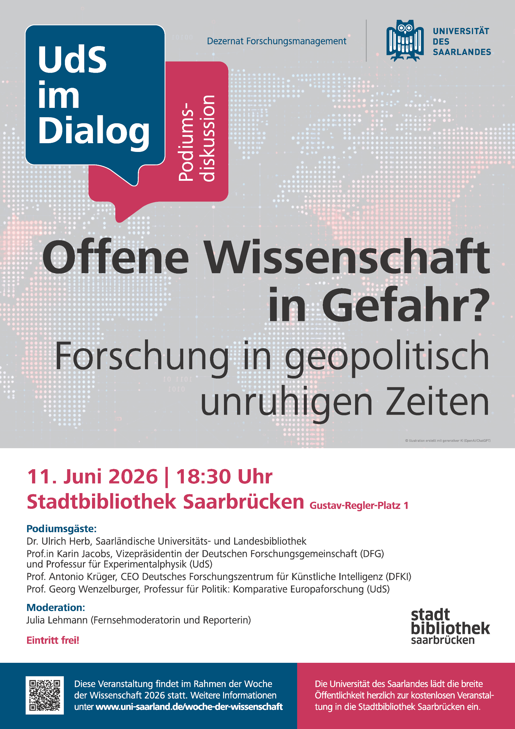 Poster für die UdS im Dialog Veranstaltung "Offene Wissenschaft in Gefahr?"
