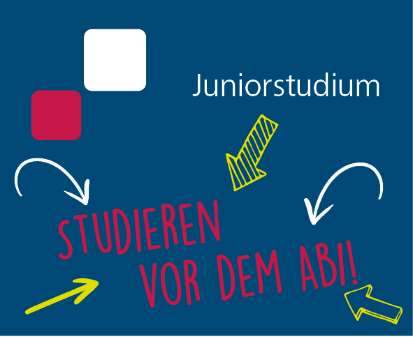 Blauer Kasten mit Beschriftung Juniorstudium: Studieren vor dem Abi und bunten Pfeilen