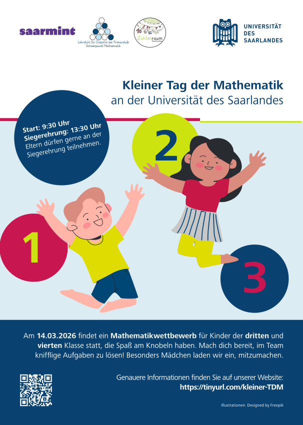 Bunter Flyer zum kleinen Tag der Mathematik mit zwei gezeichneten Kindern, die vor Freude in die Luft springen