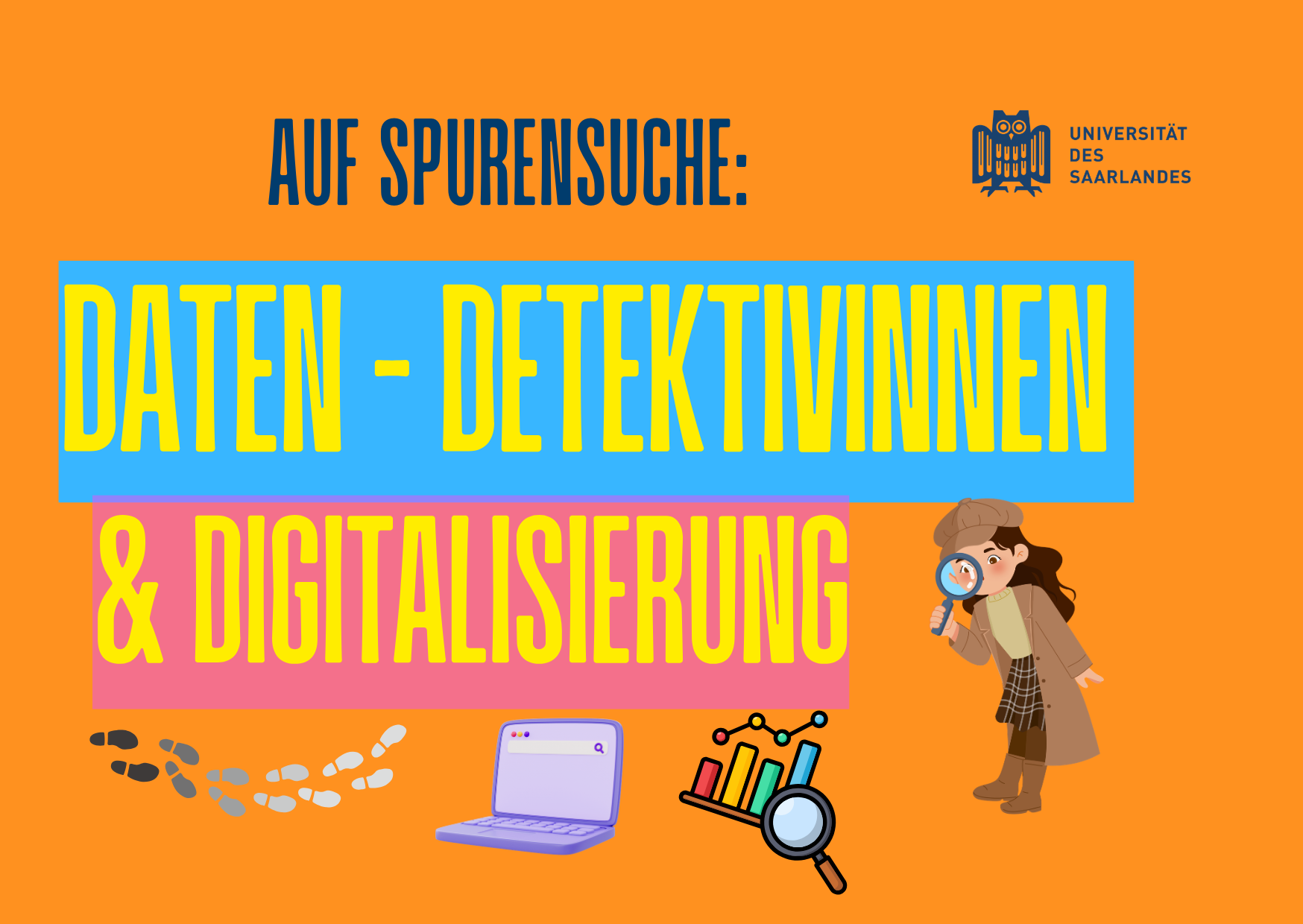 Kasten in orange mit Text: Auf Spurensuche: Daten-Detektivinnen und Digitalisierung 