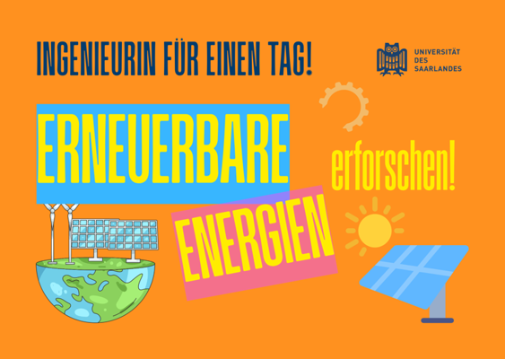 Kasten in orange mit Text: Ingenieurin für einen Tag. Erneuerbare Energien erforschen