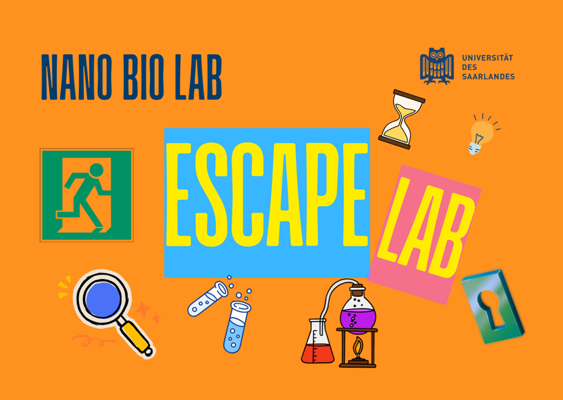 Kasten in orange mit Text: NanoBioLab Escape Lab