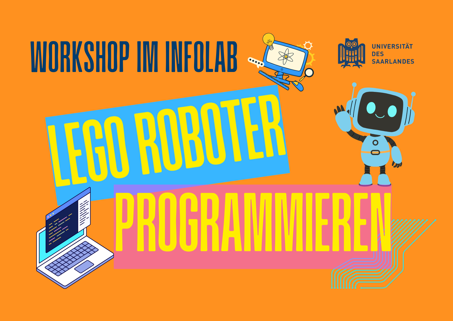 Kasten in orange mit Text: Workshop im InfoLab - Legoroboter programmieren 