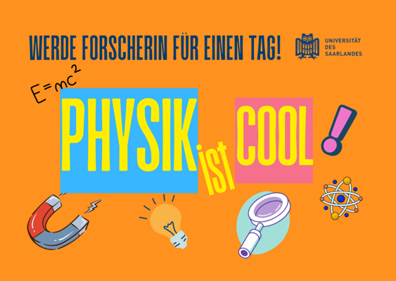 Kasten in orange mit Text: Forscherin für einen Tag. Physik ist cool 
