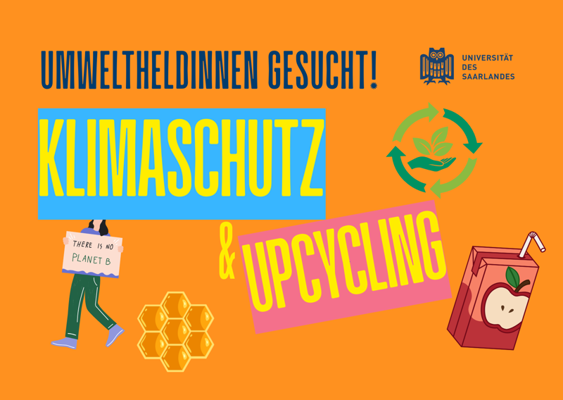 Kasten in orange mit Text: Umweltheldinnen gesucht! Klimaschutz und Upcycling