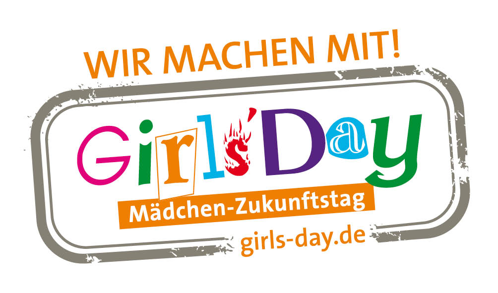Logo des Girls' Day: Text: Wir machen mit! Mädchen-Zukunftstag! 