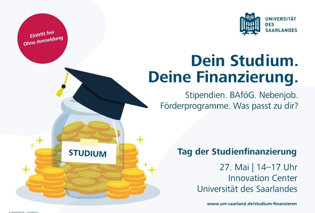 Werbeostkarte, Text: Dein Studium, deine Finanzierung, Bild: ein Haufen aus Münzen mit einem Absolventenhut
