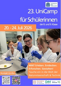 Plakat für das Uni-Camp 2026 mit Termin und einem Foto von experimentierenden Mädchen