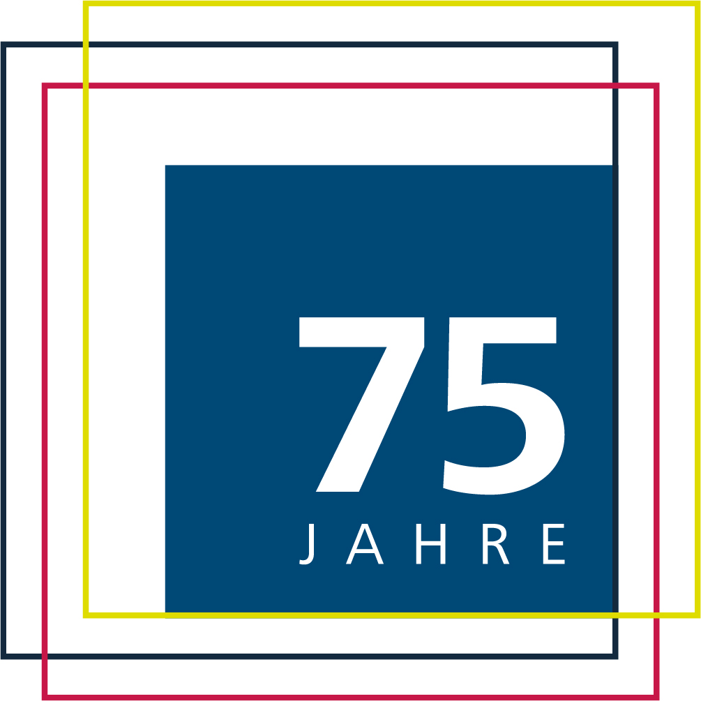 Quadratisches weißes Logo mit Text "75 Jahre"