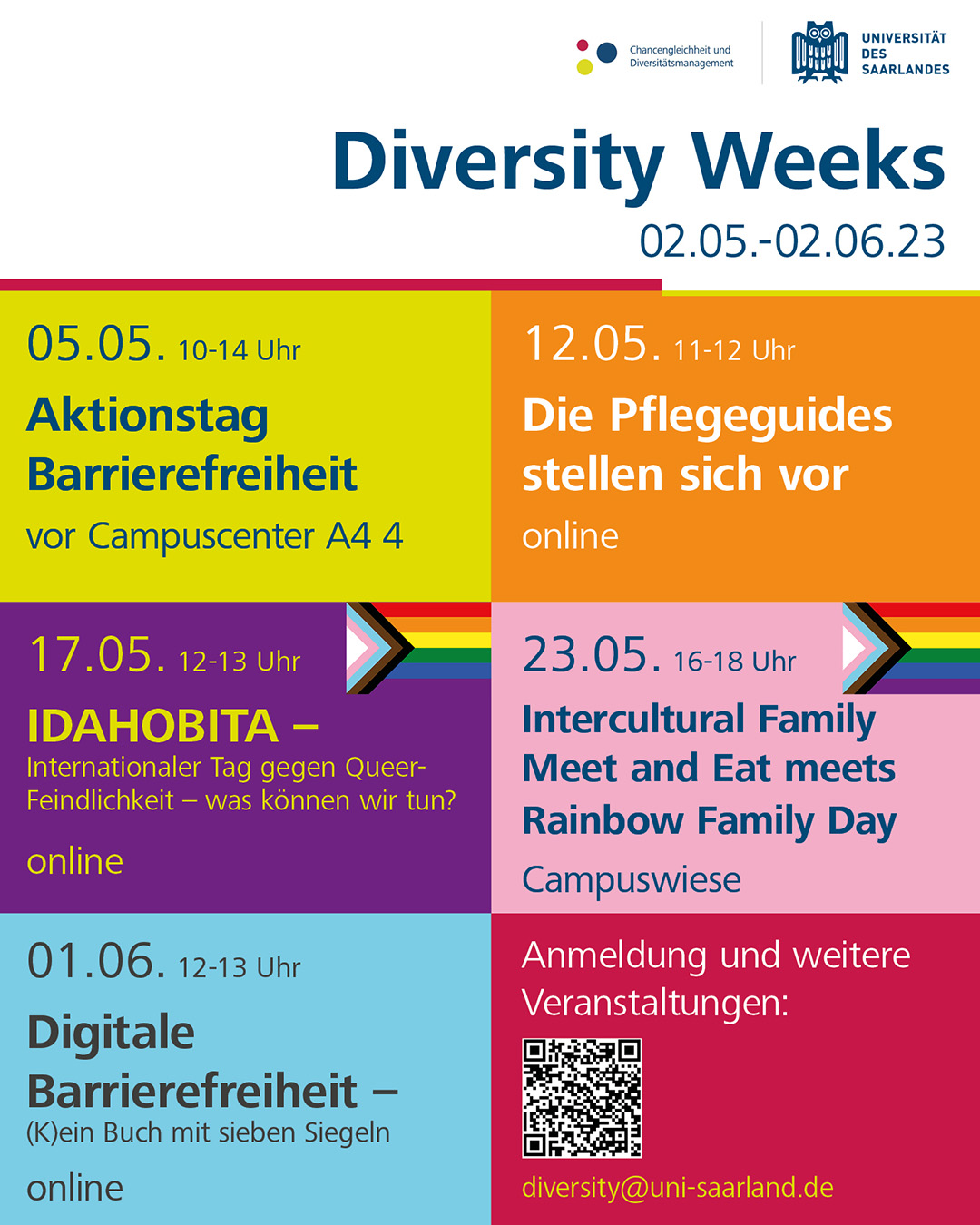 Plakat zu den Diversity Weeks vom 02.05. - 02.06.2023. Sechs farbige Kacheln mit Datum und Ort zu einigen der Veranstaltungen 