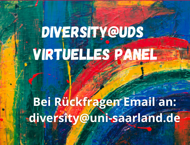 Flyer mit regenbogenfarbenem Hintergrund: "Diversity@UdS Virtual panel". 