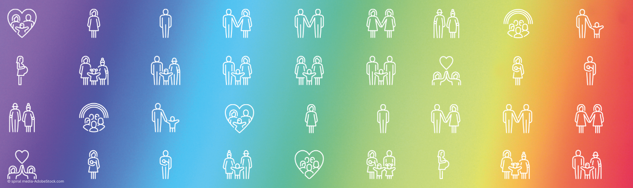Regenbogenfarbener Farbverlauf mit weißen Icons, die die Vielfältigkeit von Familie abbilden.