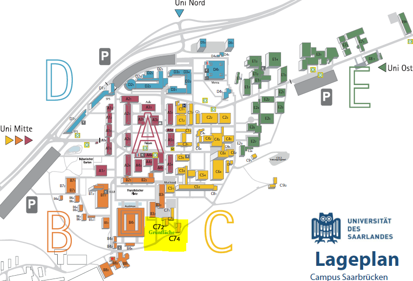 Campus Lageplan mit Markierung der Grünfläche zwischen Gebäude C7 2 und C7 4