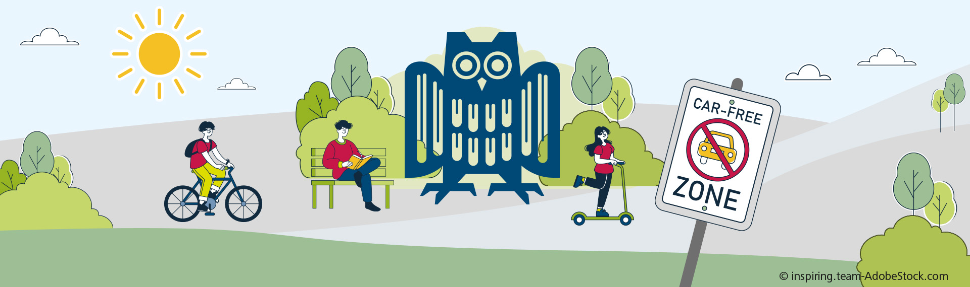 Die Grafik zeigt verschiedene Personen und die Eule, welches das Logo der Universität des Saarlandes ist. Eine Person sitzt lesend auf einer Parkbank, mehrere Personen fahren auf einem Fahrrad und mehrere Personen fahren mit einem Roller. Man sieht auch ein Schild, auf dem "Autofreie Zone" steht.