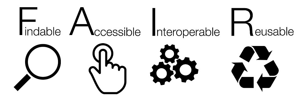 Illustration der FAIR-Prinzipien: Findable, Accessible, Interoperable und Reusable mit passenden Symbolen wie Lupe, Hand, Zahnräder und Recyclingzeichen.