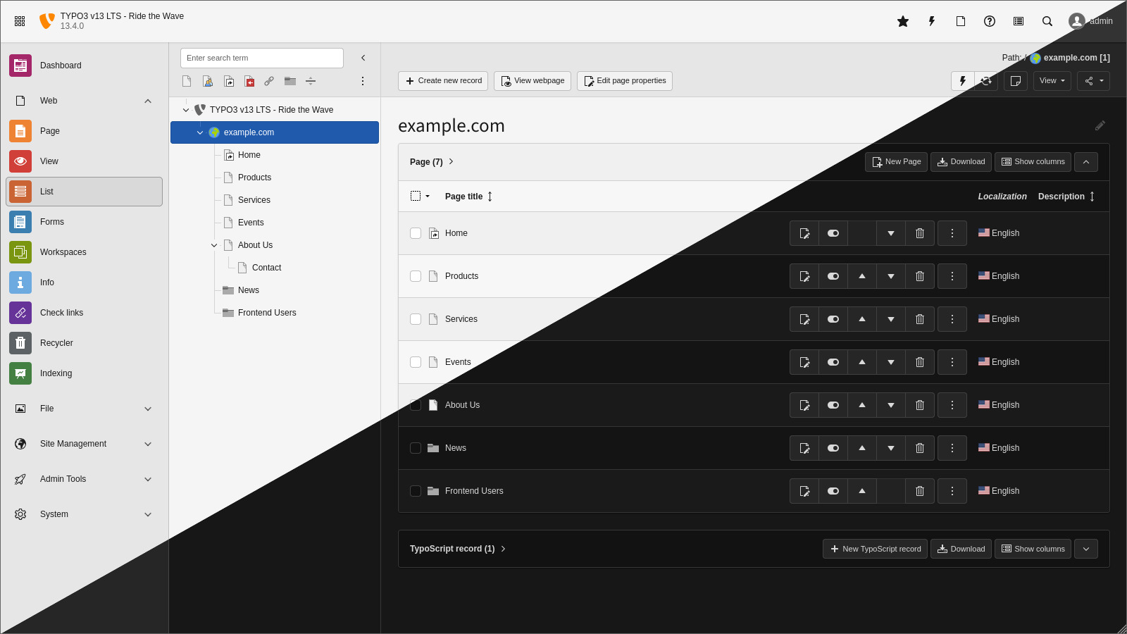 Screenshot des Backends je zur Hälfte im Light und im Dark Mode